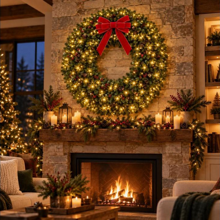 GlowWreath lit up above a fireplace